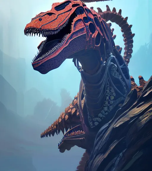 Image similar to symmetry!! portrait of a hybrid robot dinosaur, floral! horizon zero dawn machine, intricate, elegant, highly detailed, ray tracing, digital painting, artstation, concept art, smooth, sharp focus, illustration, art by artgerm and greg rutkowski and alphonse mucha, 8 k