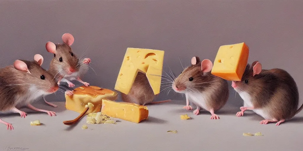 Image similar to beautiful painting of several cartoon mice eating a cartoon block of cheese; oil painting, masterpiece, extremely highly detailed; ultra realistic; trending on artstation