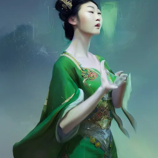 Image similar to portrait of a mongolian princess spreading its wings by greg rutkowski, she looks like an asian princess with beautiful green eyes, wearing a majestic dress, highly detailed portrait, scifi, digital painting, artstation, concept art, smooth, sharp foccus ilustration, artstation hq