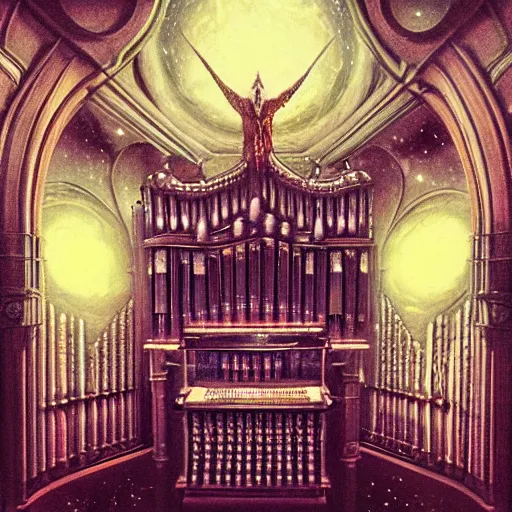 Prompt: pipe organ space opera album cover, style of alan lee, john howe, dramatic lighting, detailed, gothic, ornate, fisheye, tilt shift, bizarre