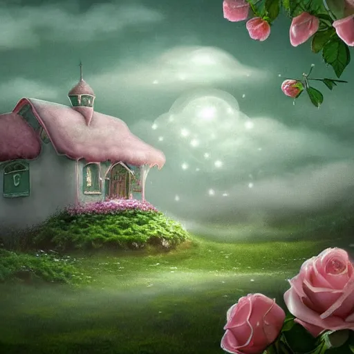 Prompt: a beautiful picture depicts a pale green fairy tale world, a strawberry cottage, white smoke and fairyland. lighting efects, cotton - like white clouds around the house, floating mist and gauze around the house, surrounded by roses, miyazaki hayao animation style, pastoral style, very detailed