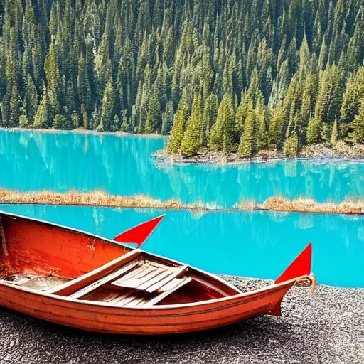 Prompt: A serene photo of a mountain blue lake and a boat, OM-D E-M5 Mark III | M.Zuiko Digital ED 12–40mm F2.8 PRO | 1/50sec | F9 | ISO64