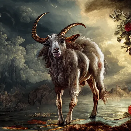 Image similar to A epic and beautiful rococo painting of a Weregoat. Castlevania style. ultra-detailed. Anime, pixiv, UHD 8K CryEngine, octane render
