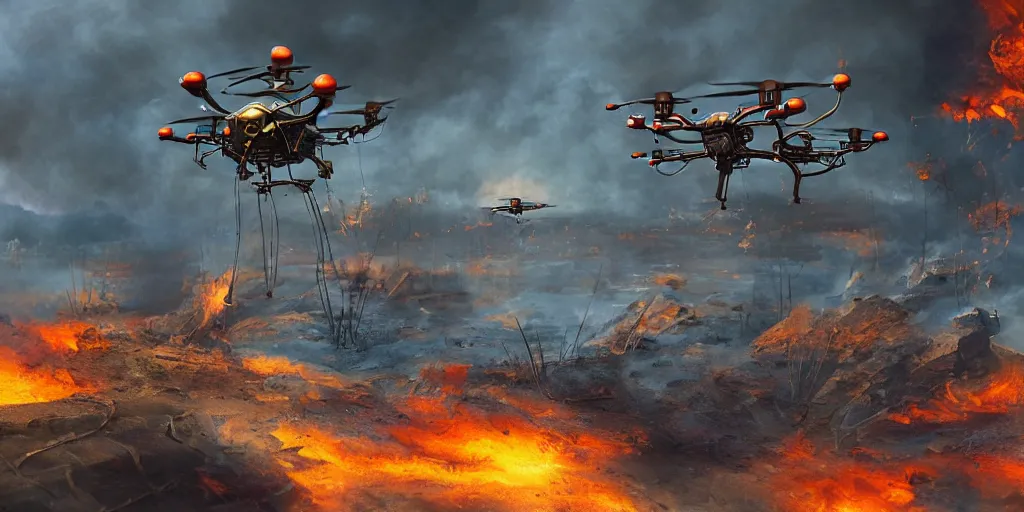 Prompt: steampunk drones putting out a fire with water, digital art, matte painting, artstation, concept art