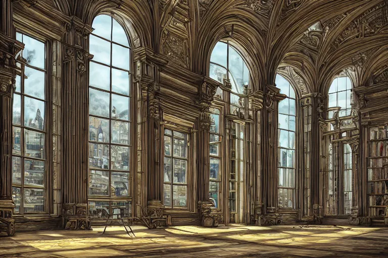 Prompt: A big library with loads of windows viewed from the inside, texture, intricate, details, highly detailed, masterpiece, architecture, building, trending on artstation, focus, sharp focus, concept art, digital painting, fantasy, sunny, day, midday, Blue tint, in the style of Dungeons and Dragons