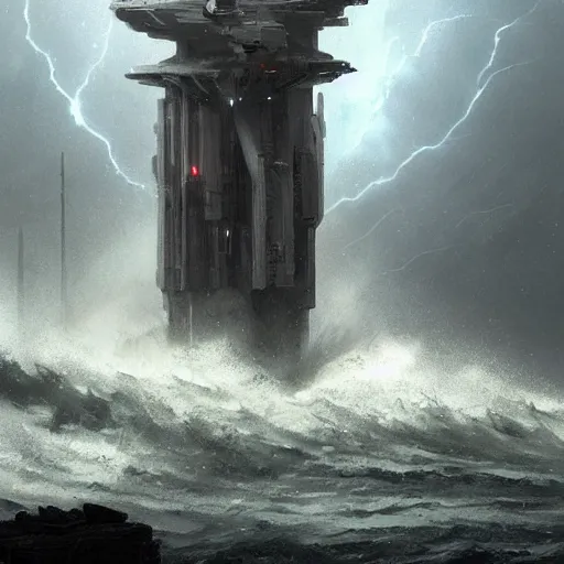 Image similar to star wars concept art by greg rutkowski, a brutalist giant tower in the middle of a raging and stormy ocean, lightning storm and gale force winds, dark environment, dramatic atmosphere, artstation hq.