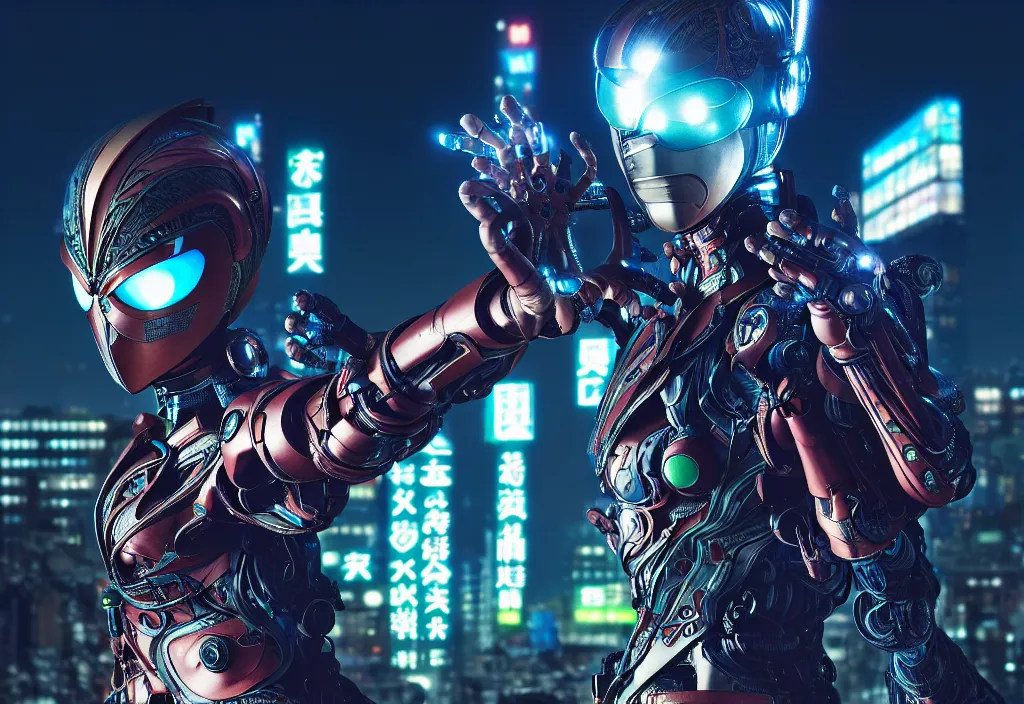 Image similar to kamen rider action pose, human structure concept art, human anatomy, full body hero, intricate detail, hyperrealistic art and illustration by irakli nadar and wlop and alexandre ferra, global illumination, blurry and sharp focus, on tokyo cyberpunk night rooftop, frostbite engine