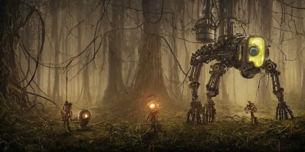 Image similar to mechanical steampunk robot with large head and two ((glowing)) eyes in haunted swamp surrounded by dense forest with vines hanging from trees, scattered fireflies, desaturated, creepy ambiance, fog, sharp focus, hughly detailed, eerily beautiful, cgsociety, artgerm