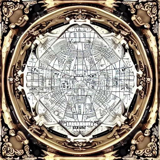 Image similar to intricate baroque kawaii circular cartography map of a fantasy world beveled : : terrain cartography, fantasy aesthetic, autodesk 3 d rendering, v - ray collection, maverick studio, arnold 3 d render, blender render, indigo renderer, redshift render, enscape render, maxwell render, luxcorerender, renderman, lumion render, marmoset render