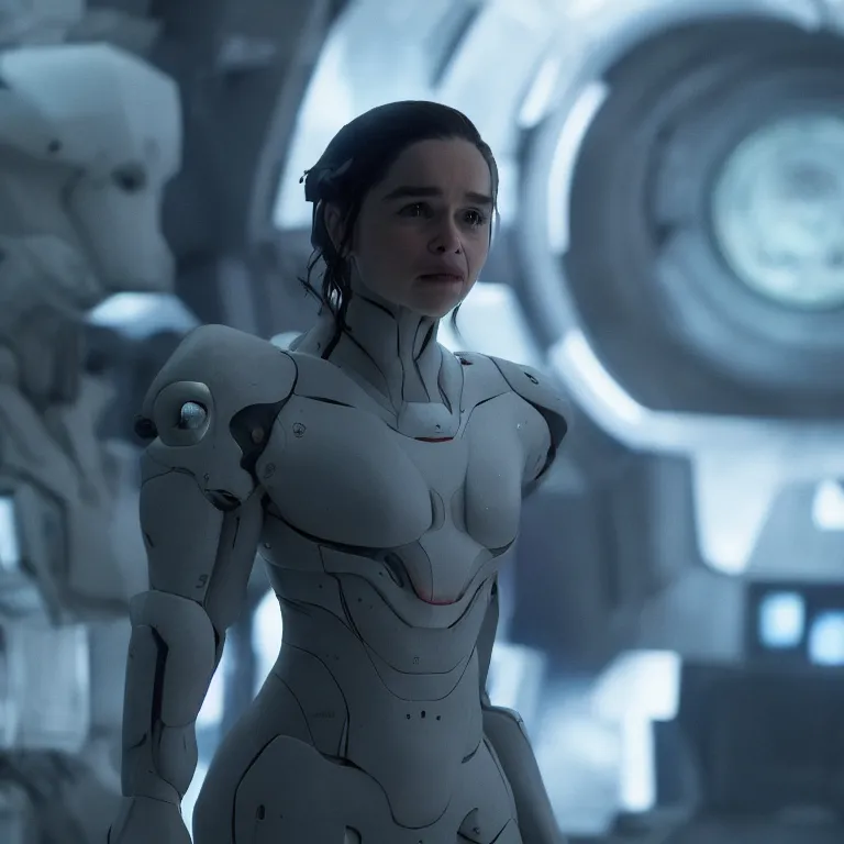 Image similar to scifi emilia clarke looks like ghost in the shell, extremely high detail, smiling woman, cyborg, photorealism, sony a 7 r