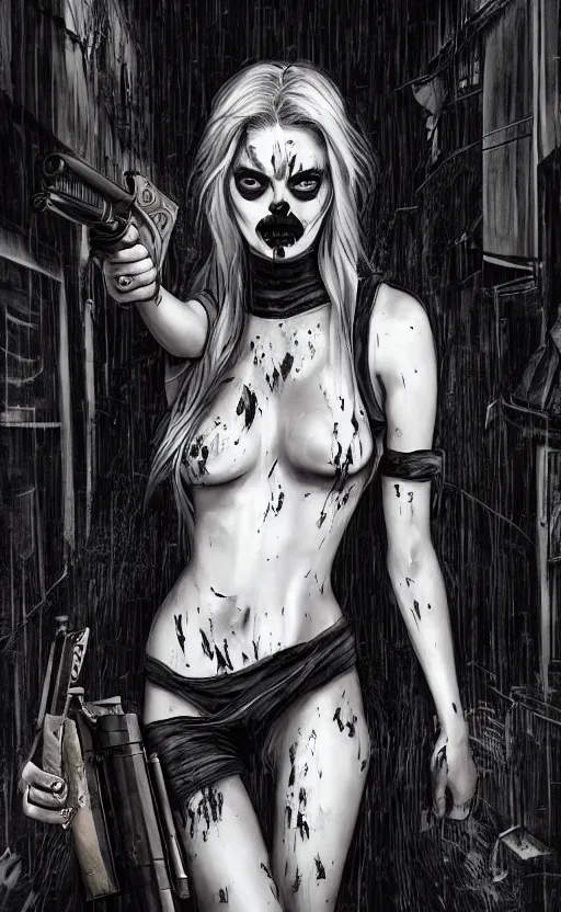 Image similar to in the style of artgerm, Samara Weaving with skull paint on her face, holding a shotgun, standing in a dark alley, night, neon