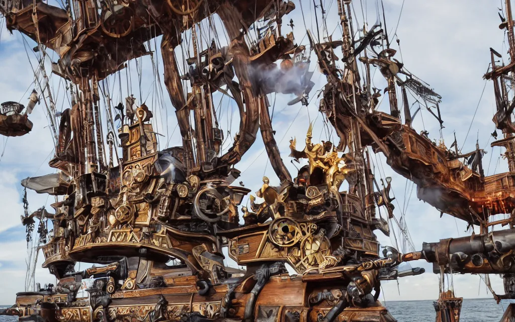 Prompt: action photography of high technology laser guns mounted on a pirate ship, steampunk, fast shutter speed, high speed, action photo, 1/1000 sec shutter