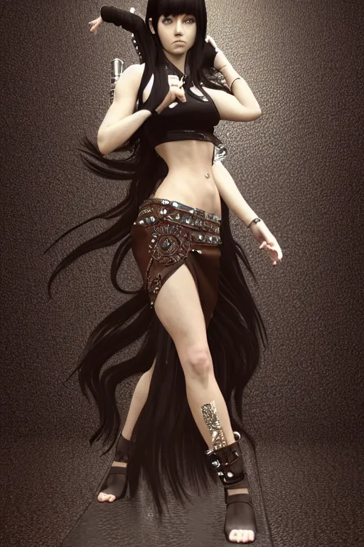 Prompt: Tifa Lockhart rendered in Cinema 4D, elegant intricate ornate futuristic leather skirt and white tank top, dark brown flowing long hair, art by Artgerm and Alphonse Mucha, hyperrealism, full body photogenic shot, digital render, clothing studded with orbs of colorful crystal, 8k resolution, masterpiece work