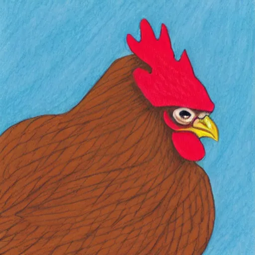 Image similar to A chicken knitting a scarf, color drawing