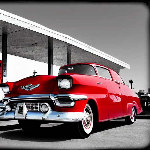 Image similar to stylized photo of a red car at a gas station in 1956