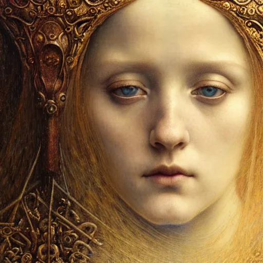 Prompt: detailed realistic beautiful young medieval queen face portrait by jean delville, tom bagshaw, brooke shaden, gustave dore and marco mazzoni, art nouveau, symbolist, visionary, gothic, pre - raphaelite, ornate gilded medieval icon, surreality, ethereal, unearthly, haunting, celestial, neo - gothic, ghostly, memento mori, otherworldly