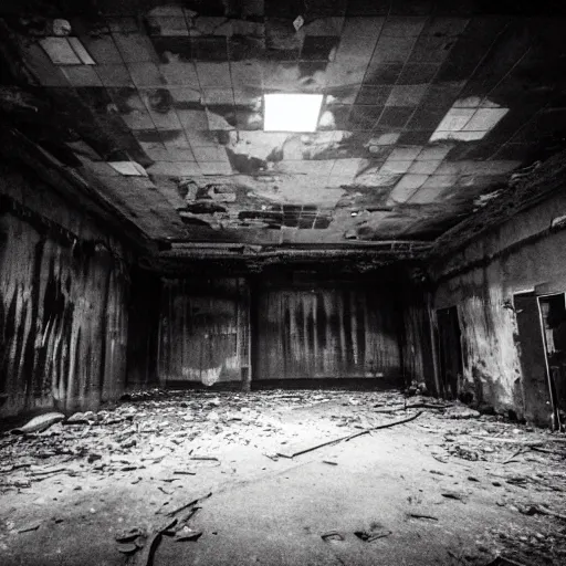 Image similar to photography of inside of an abandoned old cinema fitlh and grim apex creepy dark atmosphere fog dust, ray of sun from the rooftop, colorized, wide angle, 1 6 mm lens fujifilm, grainy film