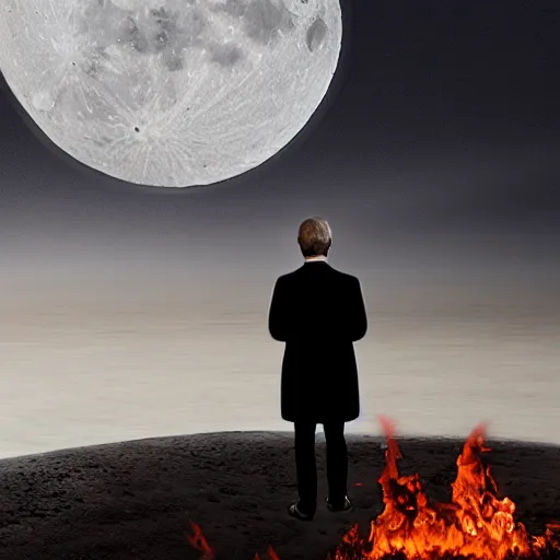 Image similar to The man in the black coat looking at the great burning moon, hyperrealistic, high detalied, 8K, high quality, high rendering,