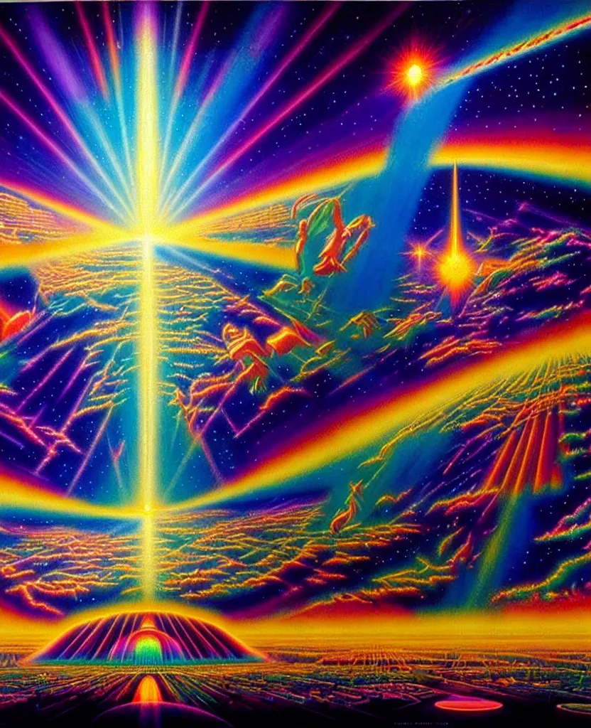 Image similar to a beautiful colorful iridescent holographic future for humanity, spiritual science, divinity, utopian, heaven on earth by david a. hardy, wpa, public works mural, socialist
