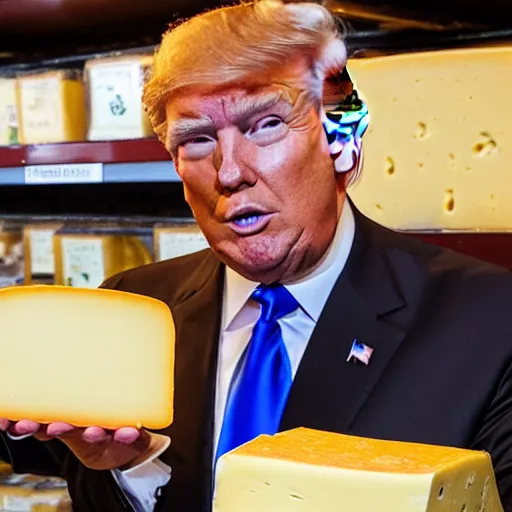 Prompt: Donald Trump stealing cheese from a cheese specialty store