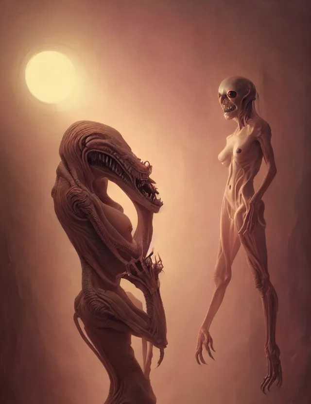 Image similar to ultra realist muted colors horror painting of a dimly lit attractive alien female and hellish creature together, very intricate details, focus, curvy figure, model pose, full frame image, artwork by tooth wu and wlop and beeple and greg rutkowski, award winning