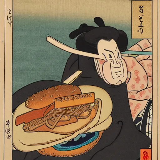 Prompt: ukiyo-e of fattest samurai eating a burger