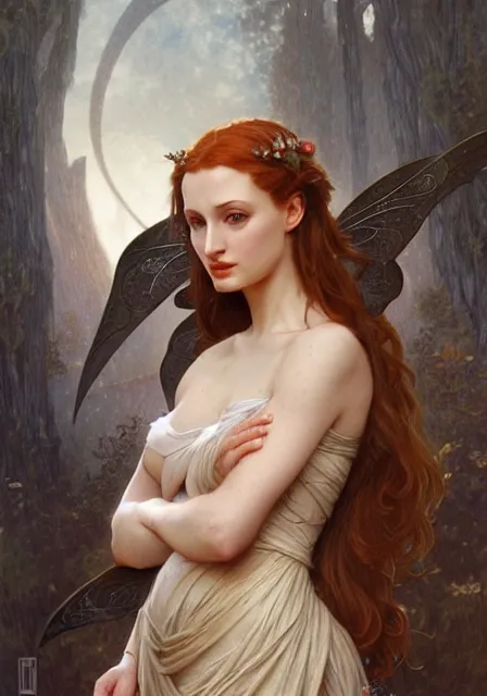 Image similar to sansa angeline jolie gessica chastain fairy, intricate, elegant, highly detailed, digital painting, artstation, concept art, smooth, sharp focus, illustration, art by artgerm and greg rutkowski and alphonse mucha and william - adolphe bouguereau