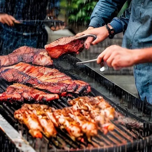 Image similar to photo of people doing bbq under heavy rain, ultra realistic face detailed eyes