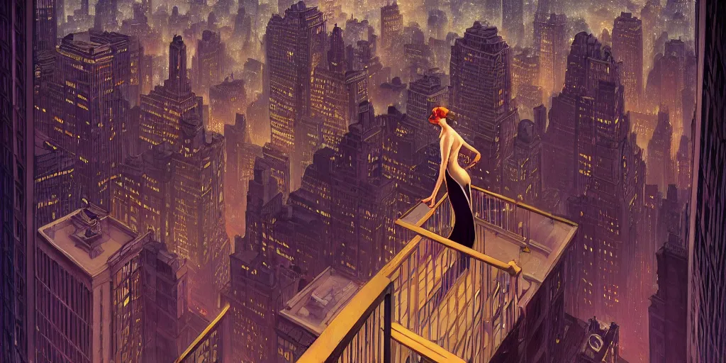 Image similar to a woman standing on a balcony overlooking an axonometric 1920s New York City at dusk, by Rolf Armstrong and Evelyn De Morgan and Bastien Lecouffe-Deharme, dramatic lighting, high contrast colors, baroque, empyrean, panoramic view, as trending on Artstation, highly detailed, doom engine,