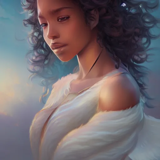 Prompt: beautiful portrait of an dark-brown skinned river angel with curly hair, character design by charlie bowater, ross tran, artgerm, and makoto shinkai, highly detailed, soft lighting