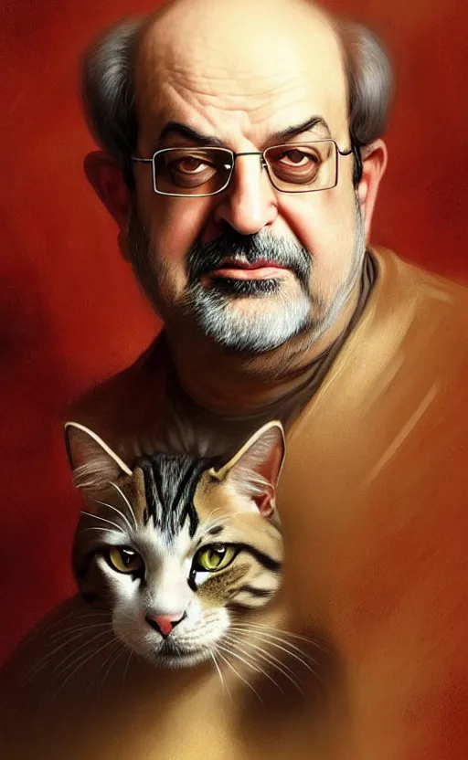 Image similar to portrait of salman rushdie with a cat, deep focus, d & d, fantasy, intricate, elegant, highly detailed, digital painting, artstation, concept art, matte, sharp focus, illustration, art by artgerm and greg rutkowski and alphonse mucha