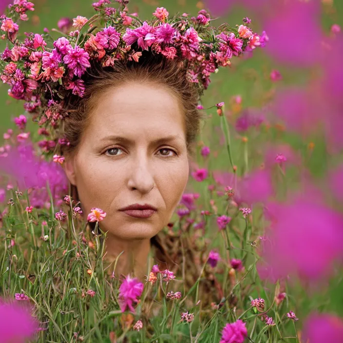 Prompt: closeup portrait of a woman with twisting roots growing out of her face, standing in a field of beautiful flowers, by Annie Leibovitz and Steve McCurry, natural light, detailed face, CANON Eos C300, ƒ1.8, 35mm, 8K, medium-format print
