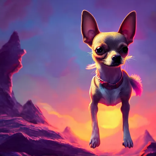 Image similar to an ascended chihuahua living in an extradimensional reality, in the style of wlop, illustration, epic, fantasy, hyper detailed, smooth, unreal engine, sharp focus, ray tracing, physically based rendering, renderman, beautiful