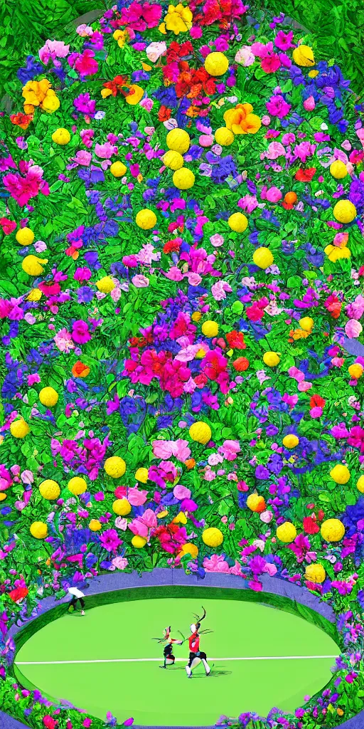 Prompt: Two elves playing tennis on a tennis court made of flowers, digital art