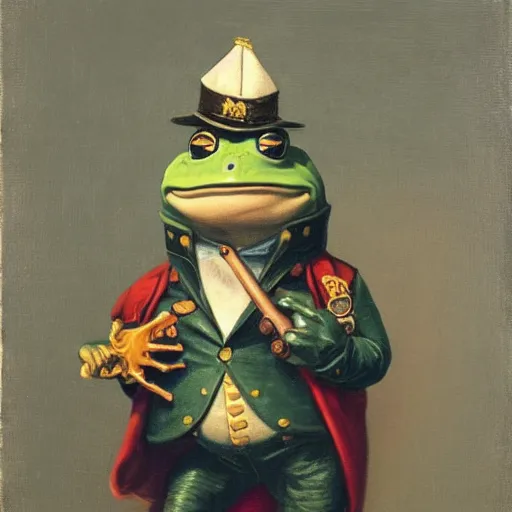 Prompt: a beautiful frog in a 19th century military outfit, oil on canvas. pixar