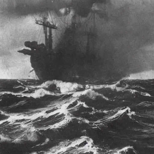 Prompt: giant anomalous creature in the middle of a violent stormy ocean being encountered by warship, 1900s photograph