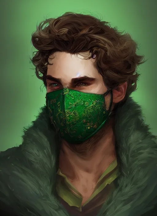 Image similar to a highly detailed illustration of young thick wavy messy haired guy wearing green face mask and brown noir coat intricate, elegant, highly detailed, centered, digital painting, artstation, concept art, smooth, sharp focus, league of legends concept art, wlop