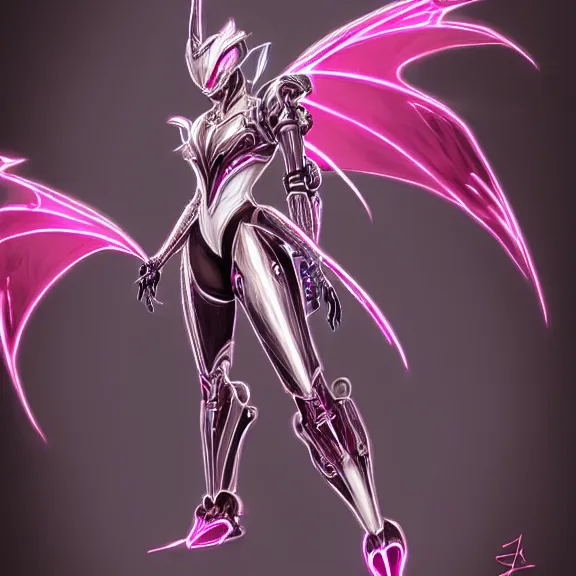 Image similar to highly detailed exquisite fanart, of a beautiful female warframe, but as an anthropomorphic robot dragon, shiny silver armor engraved, Fuchsia skin beneath the armor, elegant pose, close-up shot, full body shot, epic cinematic shot, long elegant tail behind, sharp claws, robot dragon hands and feet, professional digital art, high end digital art, singular, realistic, DeviantArt, artstation, Furaffinity, 8k HD render