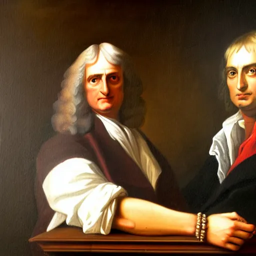 Prompt: a neoclassical portrait of sir isaac newton and tupac shakur, chillin at the club together, oil on canvas, brilliant detail