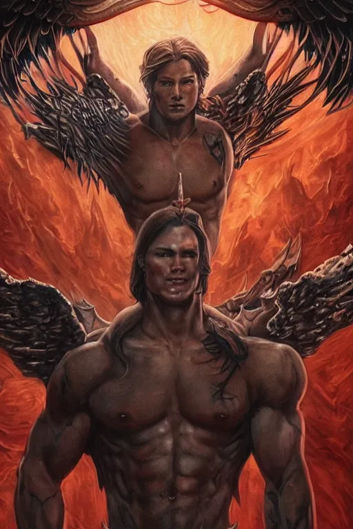 Image similar to muscular Sam Winchester as an angel with religious tattoos on chest and neck, with glowing runes on the body, dark fantasy book cover style, D&D dark fantasy style, sharp focus, ultra detailed, art by Artgerm and Peter Andrew Jones, Karol Bak, Ayami Kojima, Amano and Olivier Ledroit