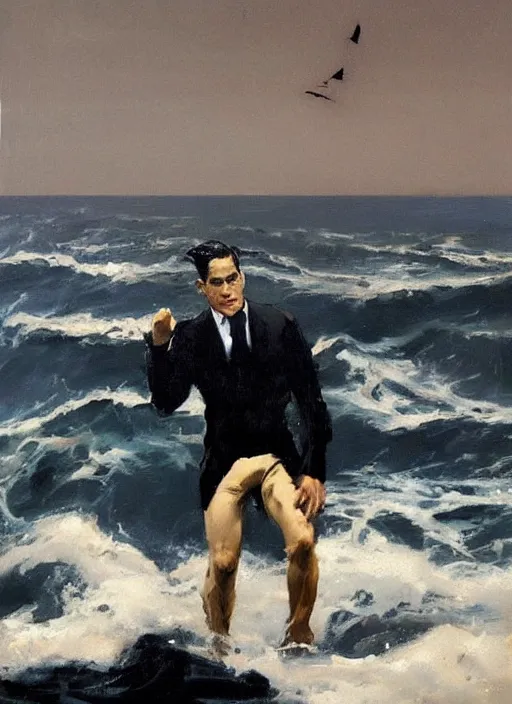 Prompt: black ocean, crashing waves, dale cooper standing alone amidst waves, lonely!!!!! painting by phil hale, fransico goya,'action lines '!!!, graphic style, visible brushstrokes, motion blur, blurry, visible paint texture, crisp hd image