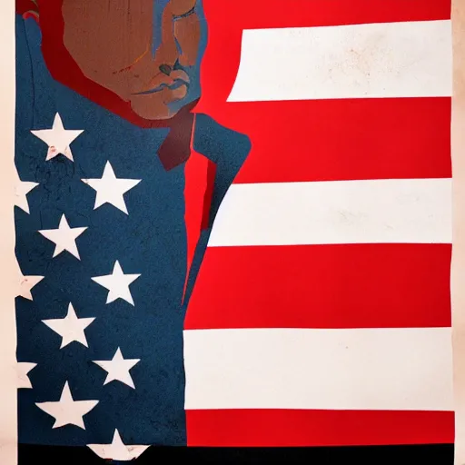 Prompt: Russian Propaganda Soviet screen-print shepard fairey illustrated poster of Kanye West as President standing in front of a USA America flag