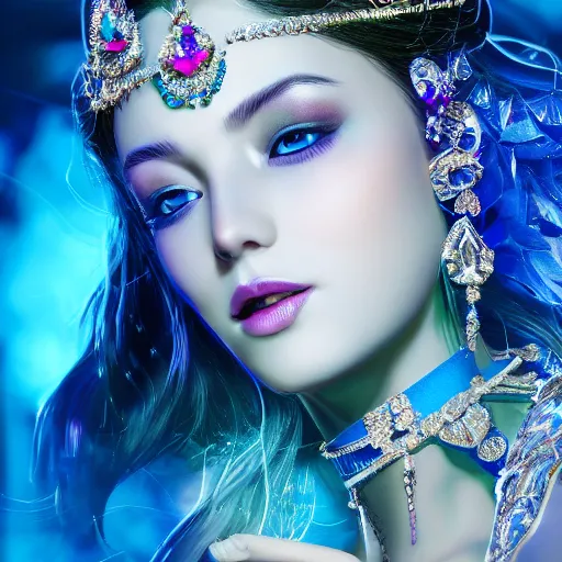 Image similar to photo of wonderful princess of sapphire with fair skin, she has her eyes closed, glowing, ornate and intricate blue jewelry, jaw dropping beauty, eyepopping colors, dynamic lighting, glowing background lighting, blue accent lighting, photorealistic, hyper detailed, award winning photography, 4 k octane render