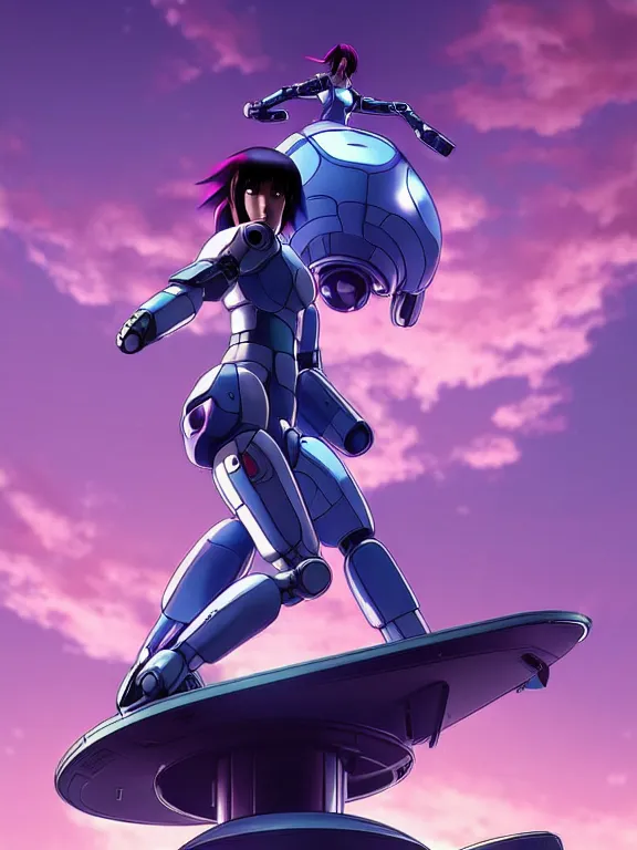 Image similar to a fullbody action still of motoko kusanagi riding on top of a tachikoma, the major ghost in the shell : : stand alone complex, under repairs, maintenance : : by ilya kuvshinov, rossdraws, artgerm, sola digital arts, anti aliasing, raytracing : :