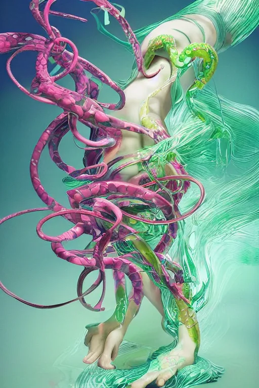 Image similar to epic 3 d oxumare, liquid hands and feet spinning, 2 0 mm, with green and pink vines melting smoothly into asymmetrical snakes and rainbows, liquid, delicate, intricate, houdini sidefx, trending on artstation, by jeremy mann and ilya kuvshinov, jamie hewlett and ayami kojima