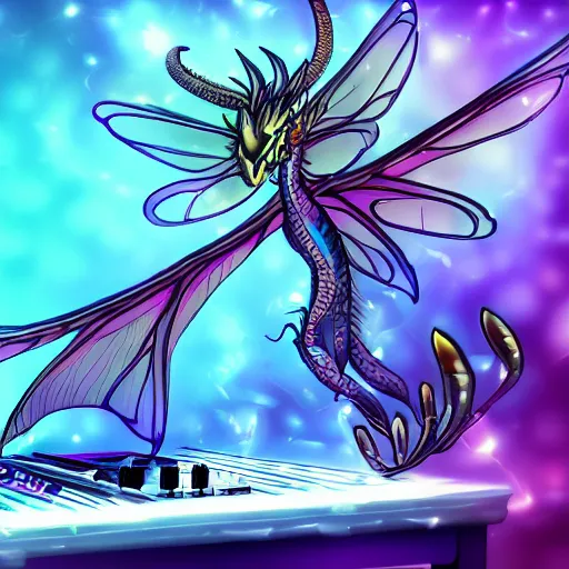 Image similar to a magical Dragon fly as a Dj by aquaxio, trending on art station