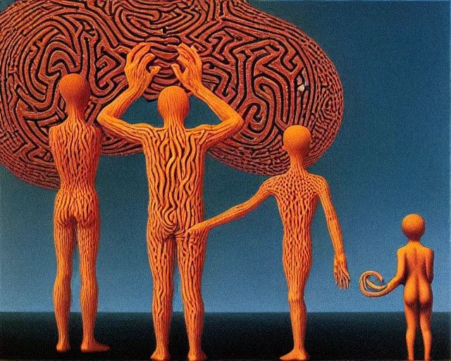 Prompt: tangled hierarchies by Magritte, Beksinski, and Keith Haring