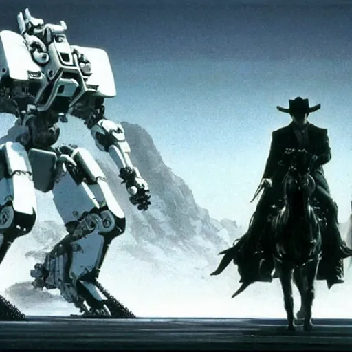 Image similar to cinematic still in westworld, mech by mamoru nagano