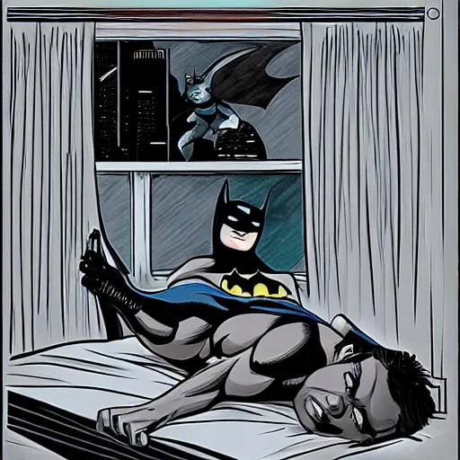 Image similar to man sleeping in bed with batman lurking menacingly in the window. artstation