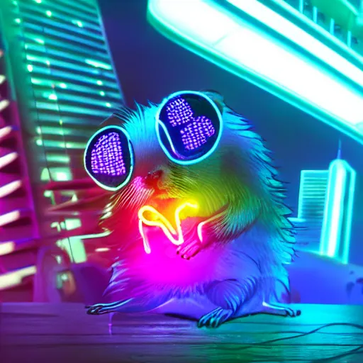 Image similar to hamster in a rainbow cyberpunk city with bright neon lights, 8 k, hd, light reflection